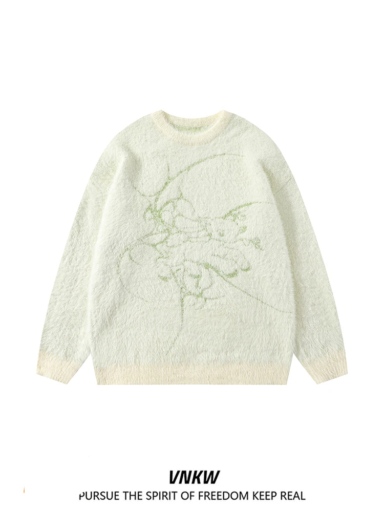 

American High Street Sle Embroidered round Ne Knitwear Thiened Men's Sweater Autumn Winter Lazy Sle Fur Simulation