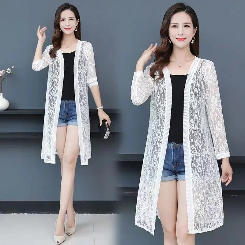 2024 Summer Women Sun Protection Lace Cardigan Mid-length Mesh Shawl Loose Clothing Women Jacket Shirt Outerwear