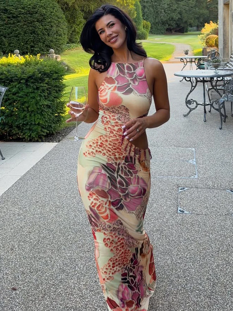 Kliou Langes Kleid mit Quastenverzierung für Damen, Sommertrend, bunter Druck, O-Ausschnitt, sexy, hohles, taillenfreies Design, eleganter Stil, Vestidos
