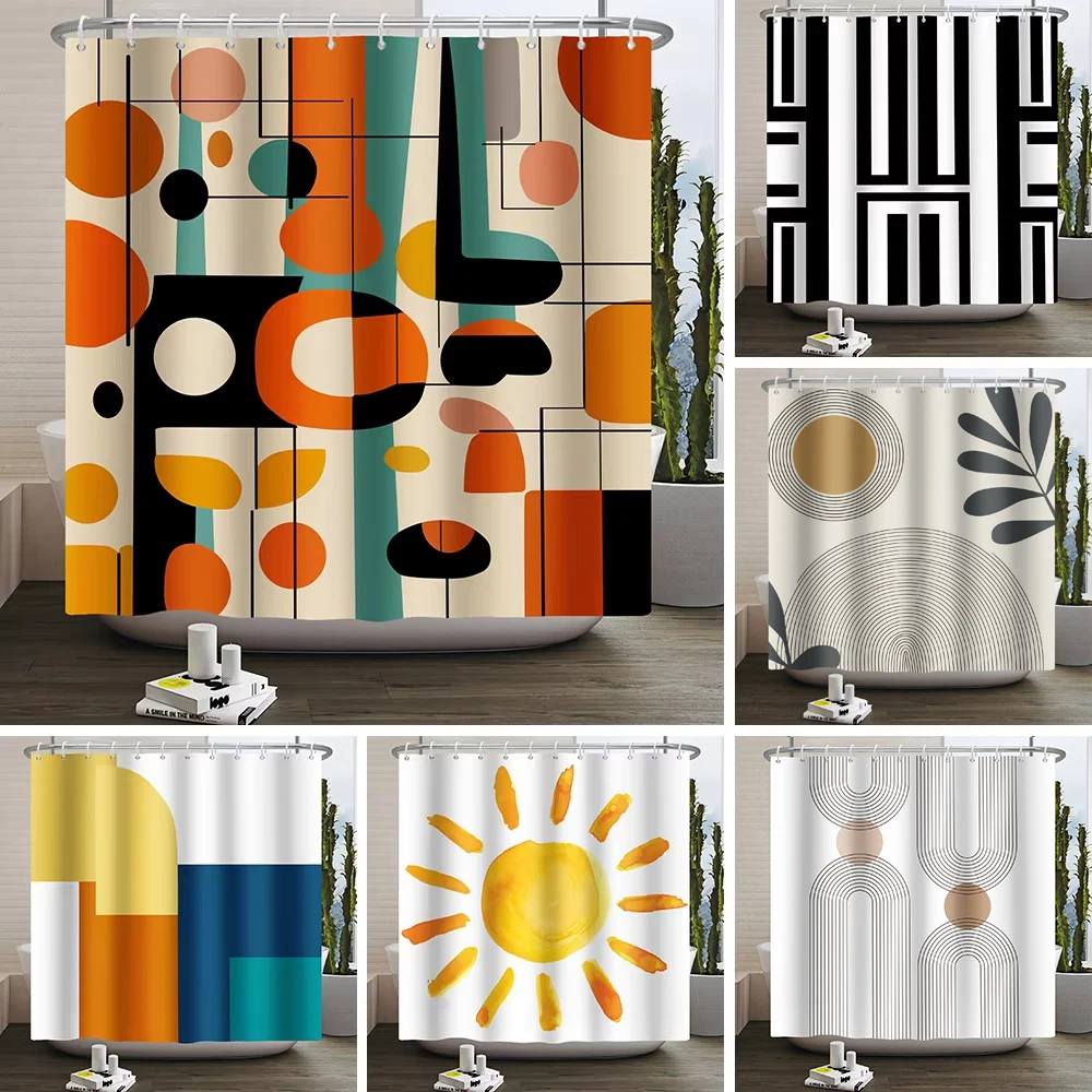 

Geometric Line Round Color Block Shower Curtain Artistic Styling Simple Modern Polyester Shower Curtain Bathroom Decoration