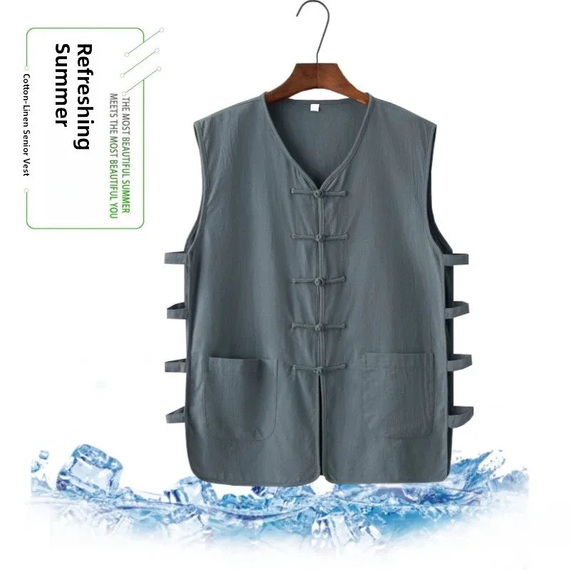 New Chinese Style Cotton Linen Men's Vest with Button Shoulder Pads Spring Summer Tang Costume Han Costume Youth Casual Wear