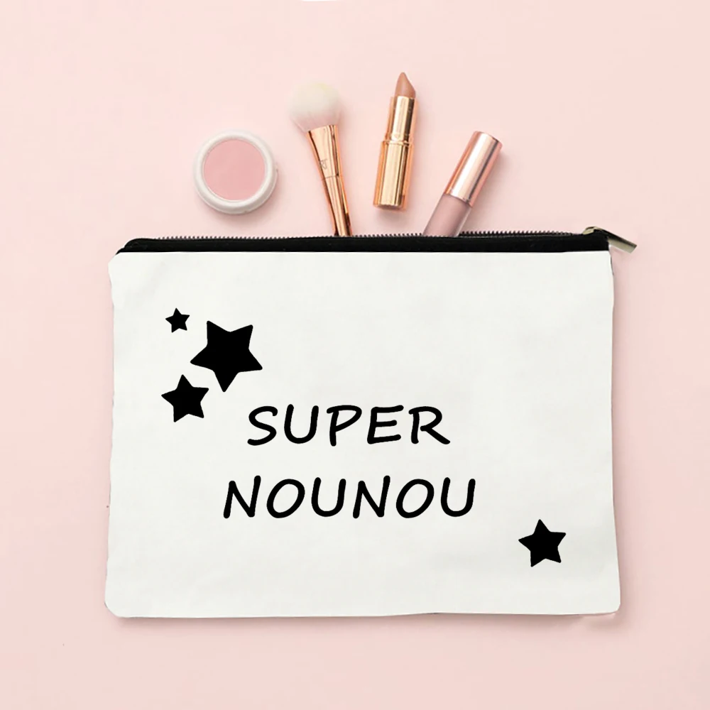 Women Neceser Makeup Bags Canvas Zipper Pouch Travel Toiletries Organizer Gifts for Nounou Merci Super Nounou Print Cosmetic Bag