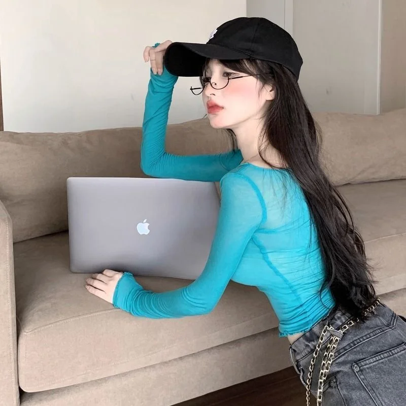 Pure Desire Micro Translucent Summer Thin Cover up Design High Waist Belly Baring Short Shoulder Baring Long Sleeve Top