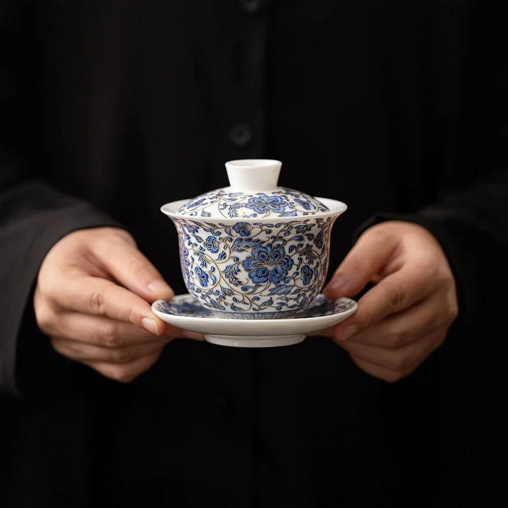 

Blue and White Porcelain Sancai Gaiwan Tea Cup Single Household Imitation Enamel Colored Bulb Bowl High-End Hover Kung Fu Set