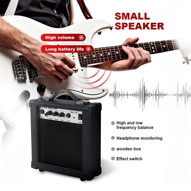 GA-10 Portable Guitar Mini Speaker 6.5mm Jack Amplifier with Overdrive Treble Bass Headphone Out for Practice