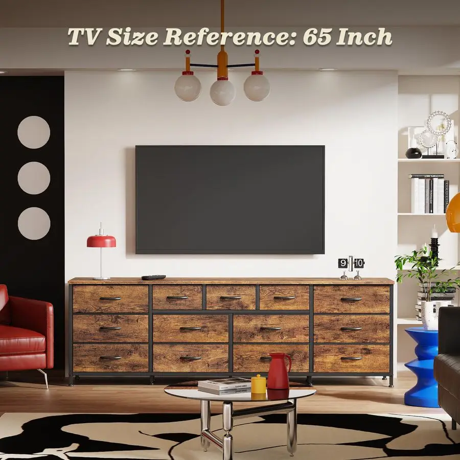 70 Inch Dresser for Bedroom, TV Stand for 65, 75, 80 Inch TV, 13 Fabric Drawer Long Dresser, Large Entertainment Center for Bed
