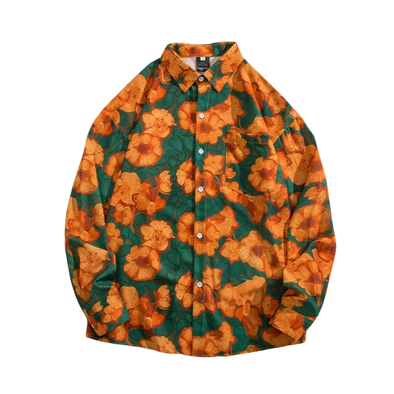 Spring Autumn Men's Retro Hawaiian Oil Painting Floral Shirt Loose Handsome Long Sleeve Sun Protection Flower Shirt Coat