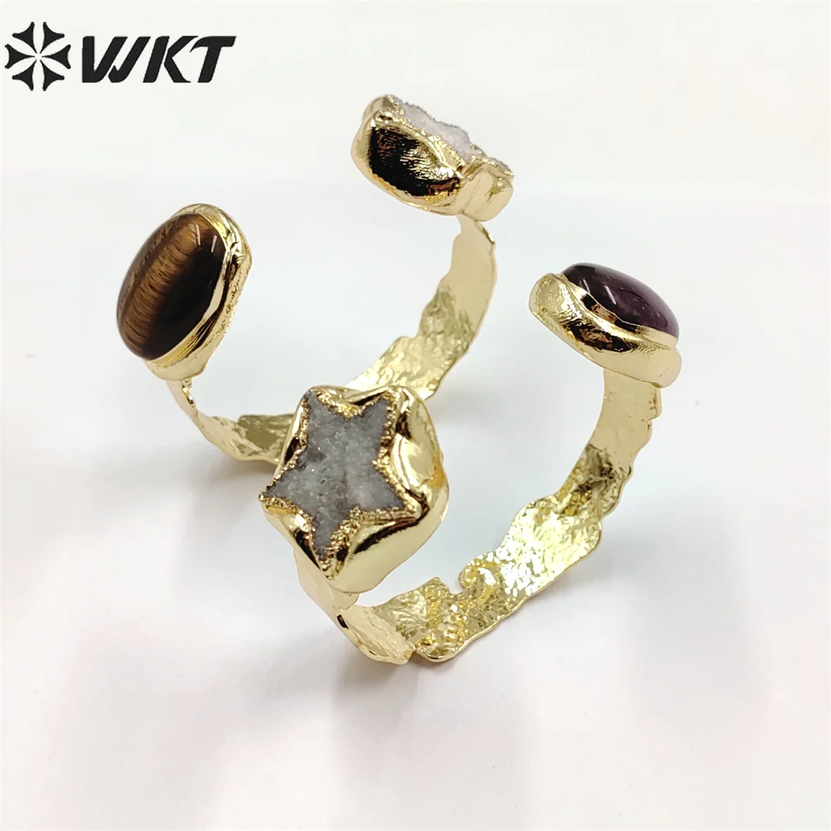 WT-B626 WKT Exclusive New Double Stone Star Quartz Bangle Gorgeous 18K Gold Electroplated Resist Tarnishable Green Chalcedony