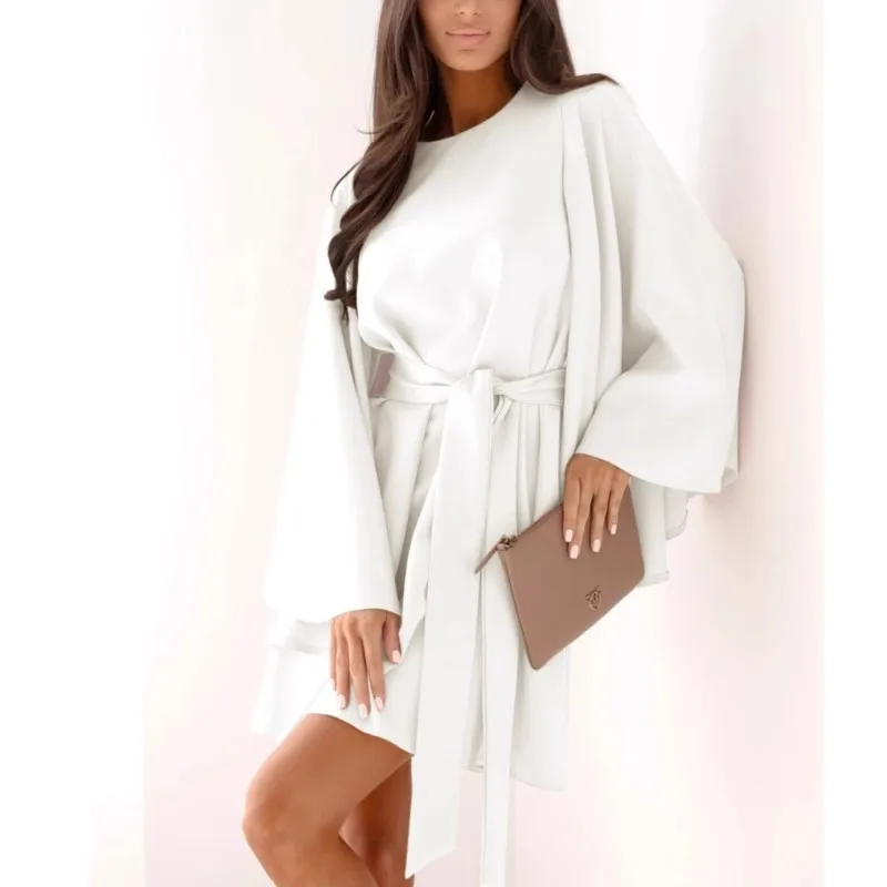 2025 женское модное сексуальное платье, весна-лето, последняя осень, однотонное мини-платье с круглым вырезом и длинными рукавами на талии для женщин