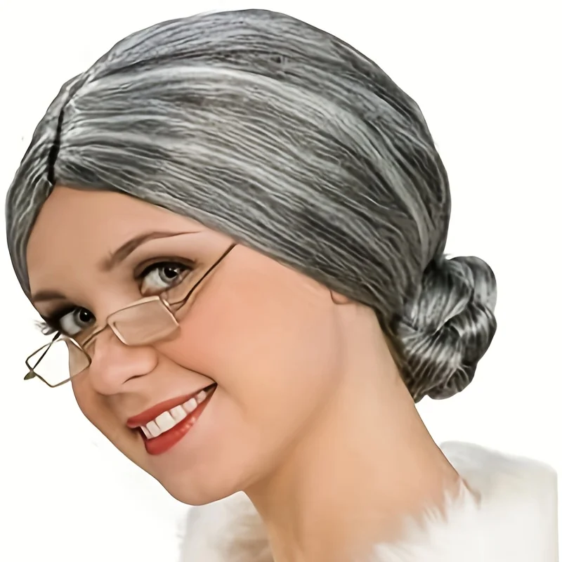 Gray Old Lady Bun Synthetic Wig, Classic Grandma Updo for Halloween, Cosplay and Themed Parties