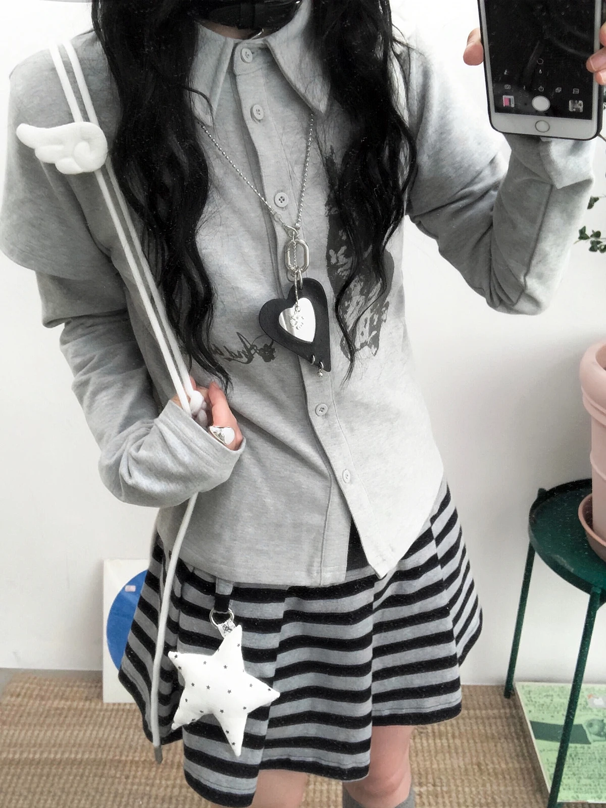 Sakura Bean Retro Grey Print Rabbit Collar T-Shirt Shirt Women's Patchwork Fake Two-Piece Long Sleeve Fitting Top