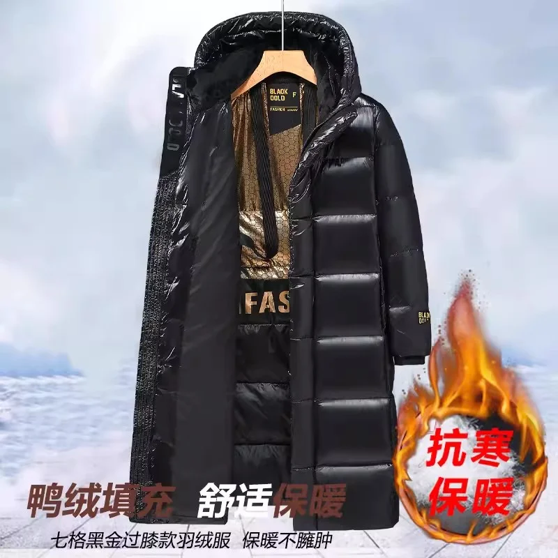 2025 جديد أسفل سترة الرجال منتصف طول زوجين الذهب الأسود الأبيض بطة أسفل سترة سميكة الركبة طول الشتاء سترة Womwen الاتجاه