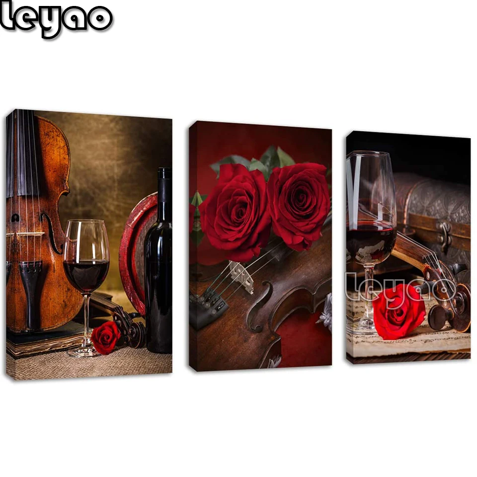 3 pcs Red Rose Diamond Painting Violin Wine Glass Musical Instrument Triptych DIY Embroidery Full Square Drill Diamond Mosaic