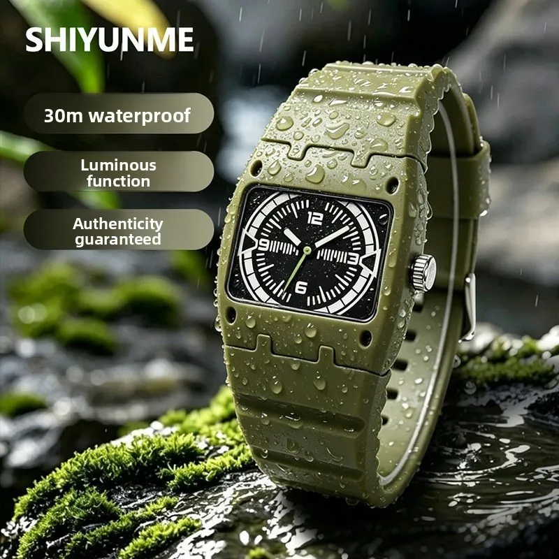 Vintage Style Luminous Waterproof Sports Quartz Watch Men's Trendy Square Analog Digital Display Outdoor Fashion Watch