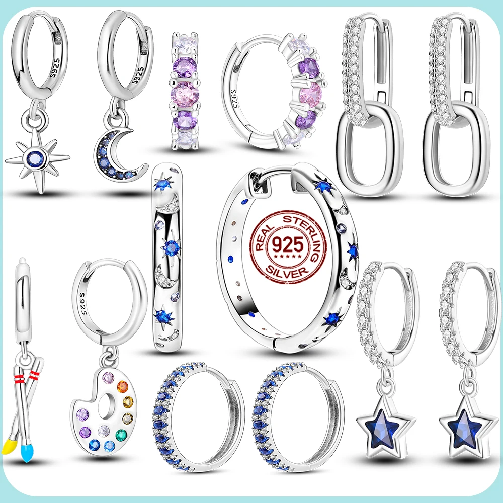 Original 925 Sterling Silver Hoops Earrings For Women With Zircon Star Moon Painting High Quality Jewelry for Women Girls