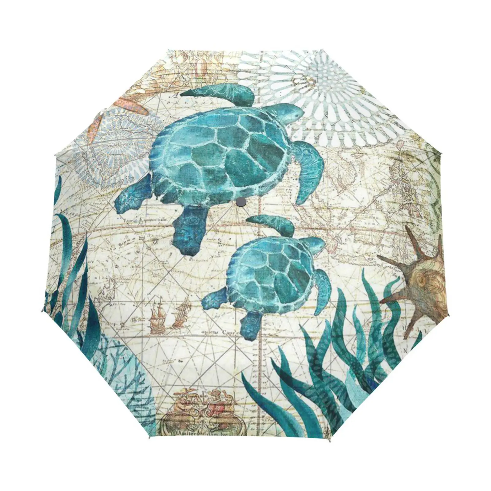 

Vintage Ocean Sea Turtle Women's Automatic Rain Umbrella Parasol Sun Protection Three Folding Umbrella Parapluie Black Coating