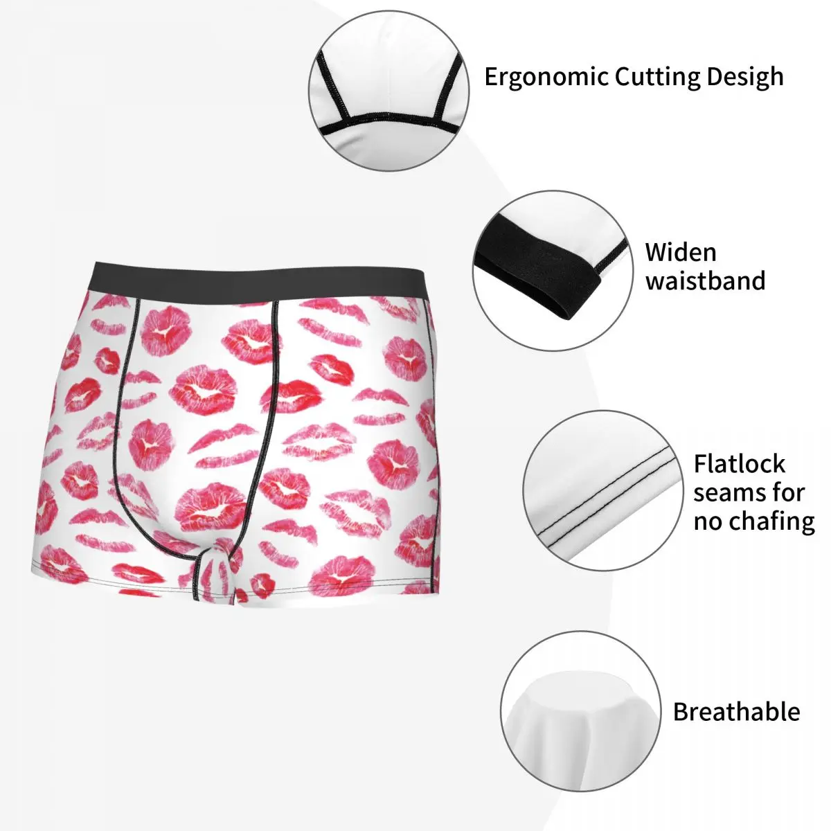 Fashion Boxer Shorts Panties Men Red Lips Kisses Prints Rock Underwear Breathable Underpants for Male Plus Size