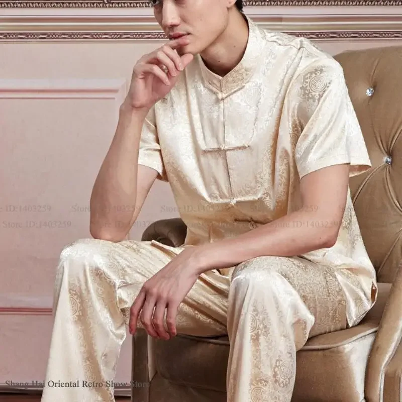 الجليد الحرير الجاكار الكونغ فو الزي تاي تشي موحدة حجم كبير الملابس الصينية التقليدية الرجال تانغ دعوى فضفاض صالة ارتداء Homewear