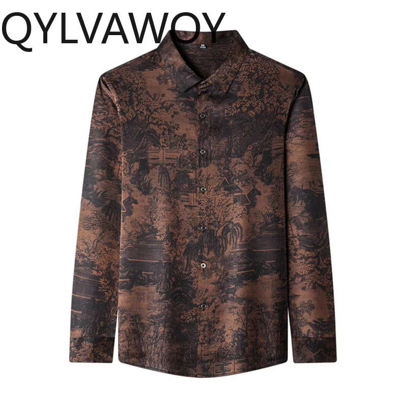 QYLVAWOY 100% Mulberry Silk Men's Shirts Spring Autumn Shirts for Men Long Sleeves Tops Retro Shirt High-end Menswear Clothing
