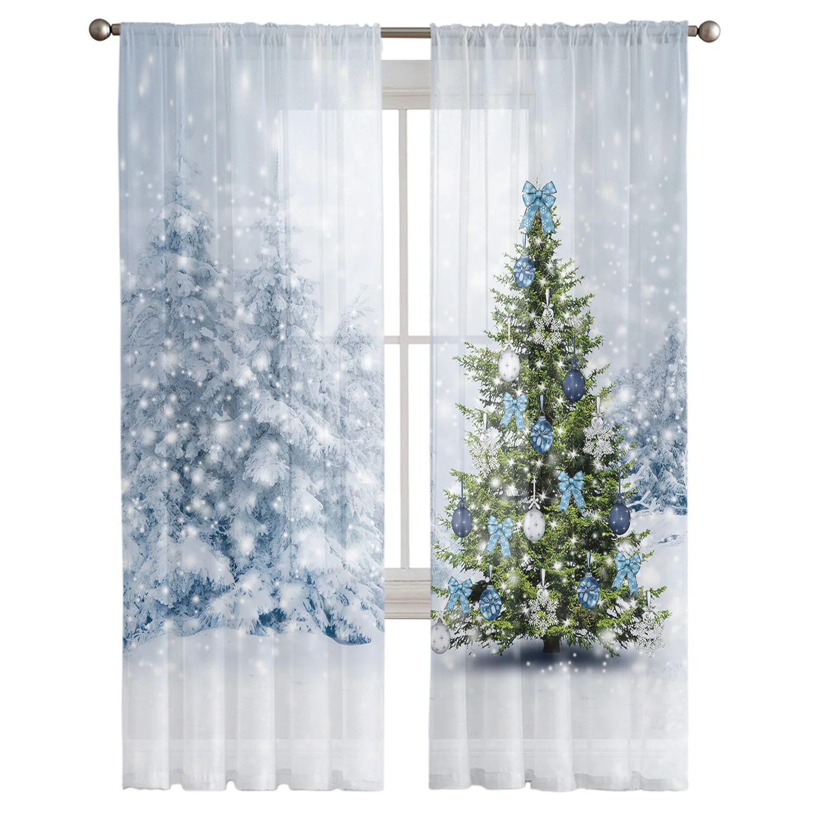 Christmas Snow Scene Christmas Tree Sheer Curtains Christmas Decorations for Home Window Tulle Curtains For Living Room Bedroom