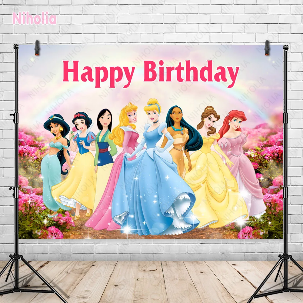 Disney Princess Theme Photo Backdrop Princess Girls Kid 1st Happy Birthday Party Decoration Baby Shower Custom Background Banner