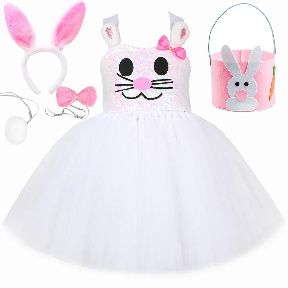 

Girls Rabbit Bunny Costume Easter Tutu Dress White Pink Cartoon Kitty Princess Dress Girl Halloween Birthday Party Dresses