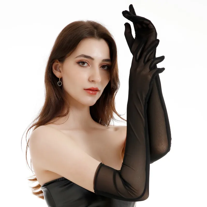 

55cm Extended Elastic Mesh Sun Protection Gloves Dance Performance Bride Sexy Thin Black Silk Gloves