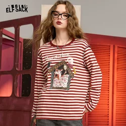 ELFSACK-T-shirt de manga comprida retrô listrada com contraste estampado feminino, design casual, laranja, nova chegada, outono, 2022