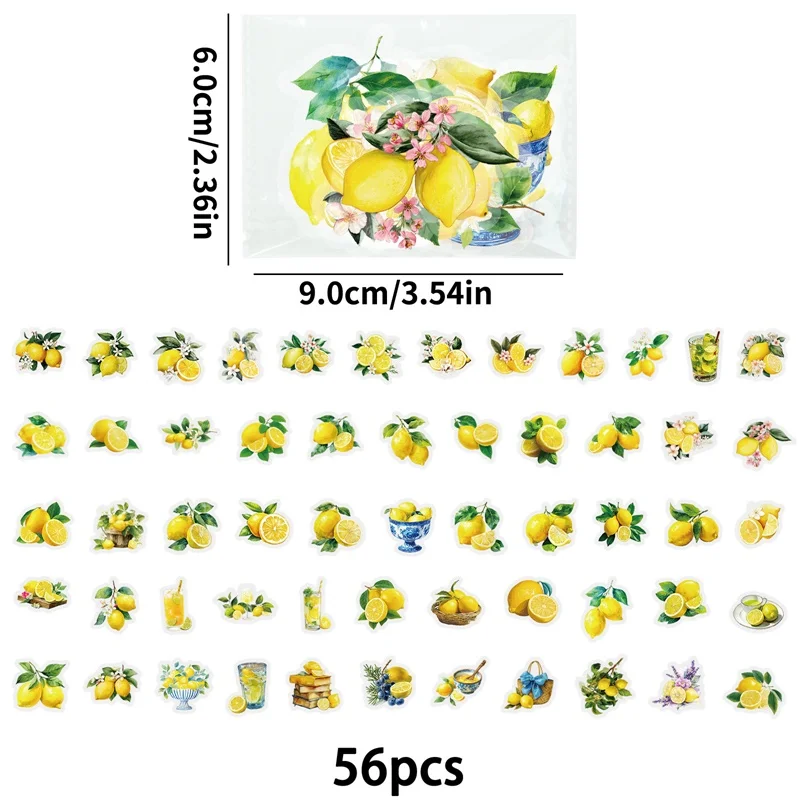 56PCS Fresh Lemon PET Sticker Aesthetic Sticky Transparent DIY Phone Laptop Luggage Skateboard Graffiti Decals