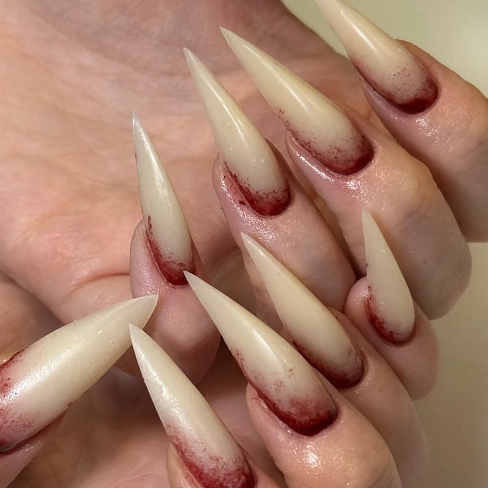 24pcs Nude Color False Nails For Halloween Blood Stained Jade Bone Long Pointed Press On Nails Acrylic Material Party Fake Nail