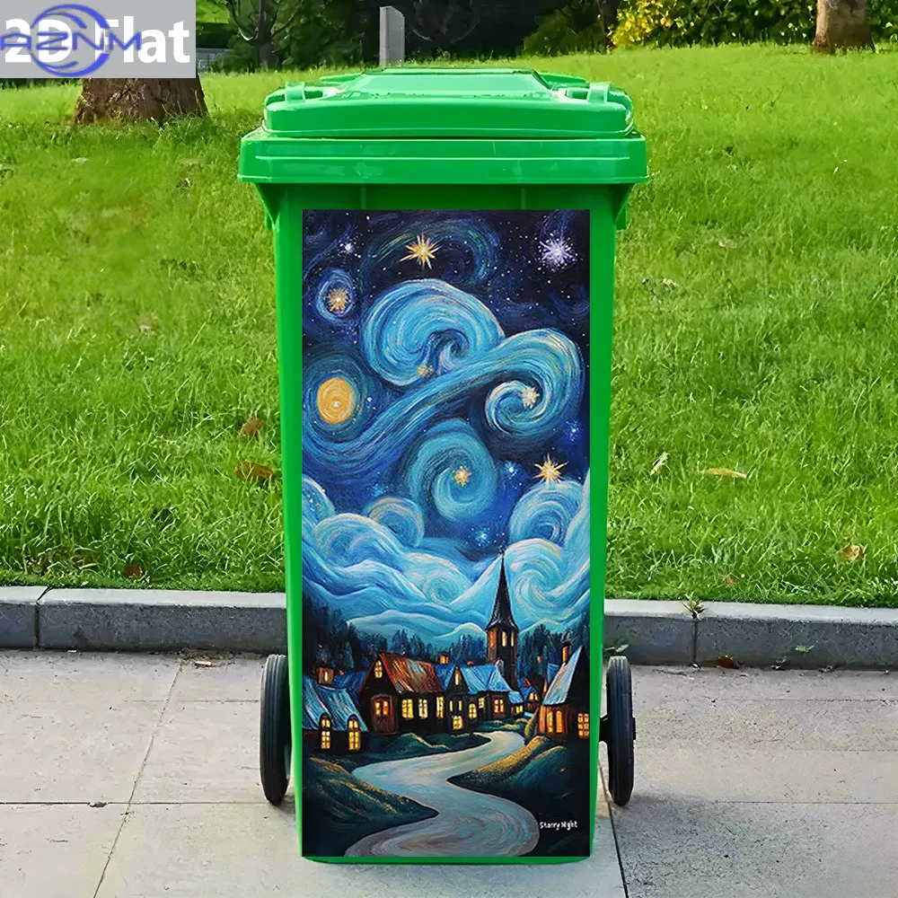1pc Van Gogh Style Starry Night Village PVC Back Adhesive Trash Can Sticker, Waterproof & Removable for Trash Bin Decoration,