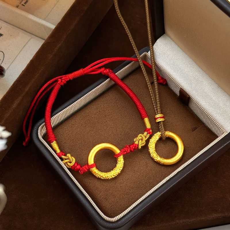 

Men and Women 9999 24K Real Gold Ethnic Style New Year Red Rope Safety Buckle Bracelet Necklace