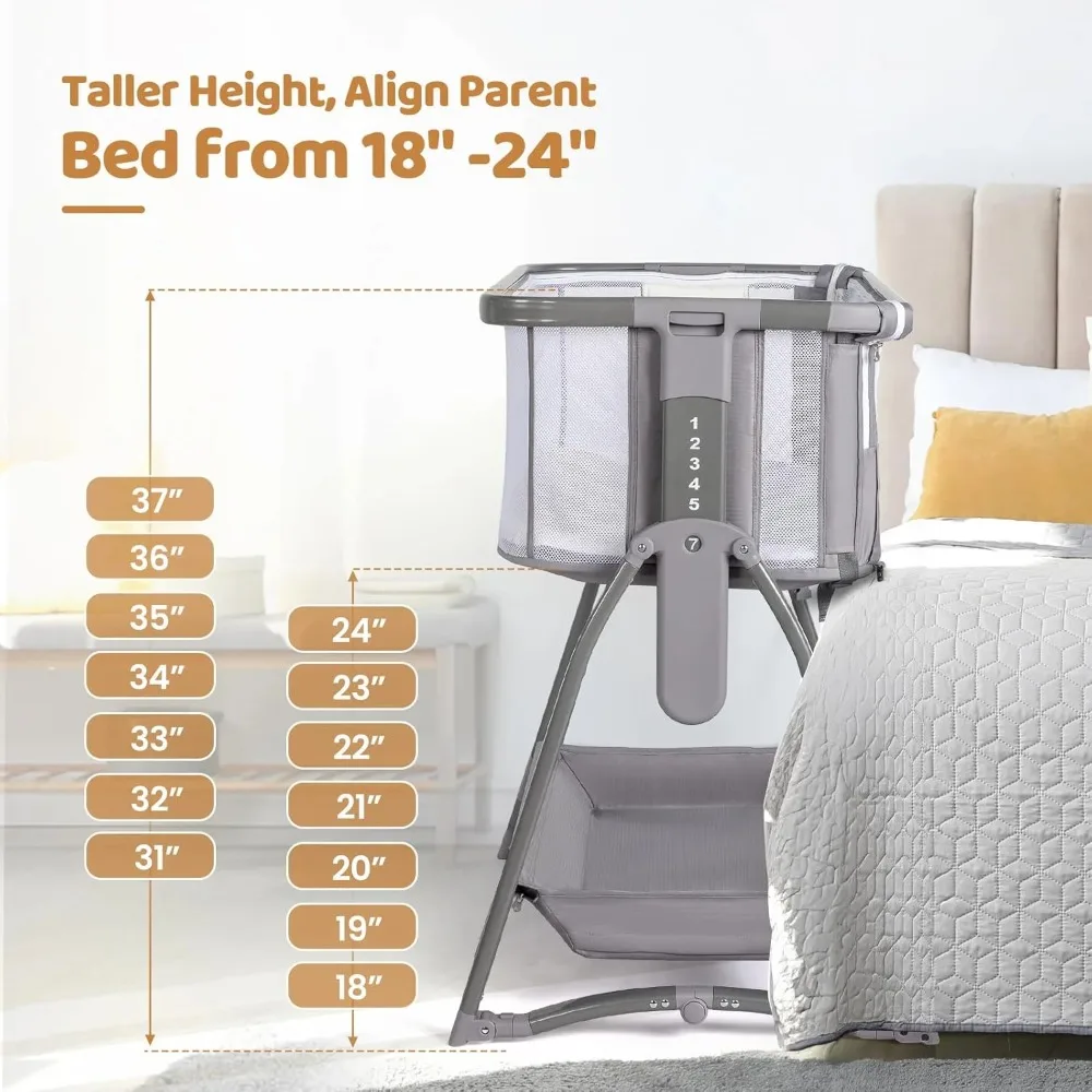 5 in 1 Bedside Bassinet with Changing Table, 7 Height Adjustable, Convert to Rocking Mode for Newborn