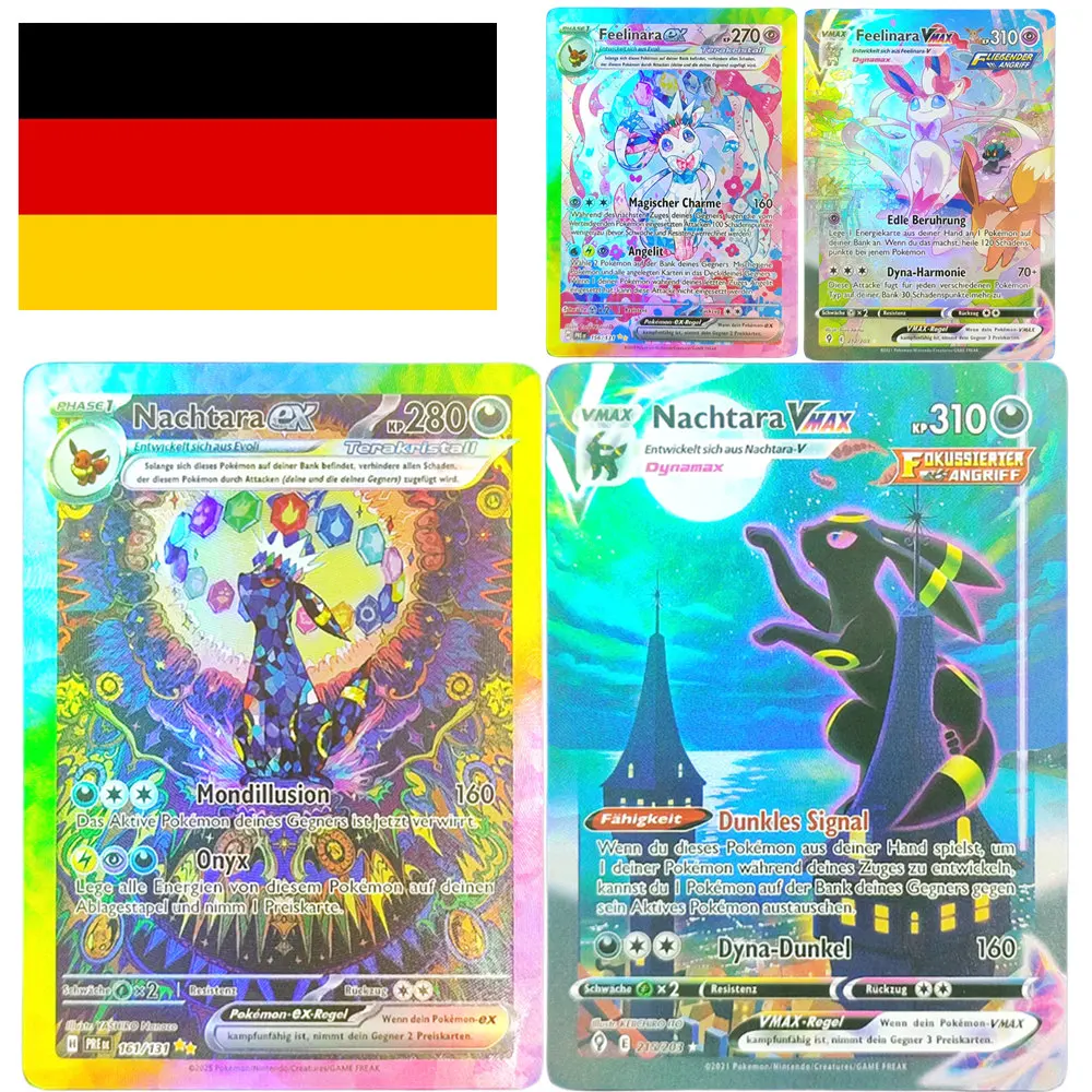 

German PKM PTCG Card Nachtara Folipurba Feelinara Aquana Evoli Blitza EX VMAX Game Collection Card Proxy Toy