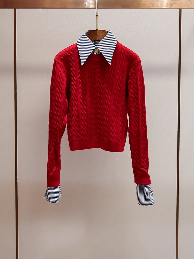 

Элитный женский новый трикотажный топ в полоску во французском стиле, имитация двухслойности, с воротником, в рубчик, с длинными рукавами, TRAF