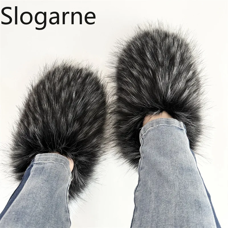 Women's Winter Fuzzy Slippers Plus Size Woman Luxury Furry Faux Raccoon Fur Slippers Warm Cotton Shoes Outdoor Indoor Fur Slides
