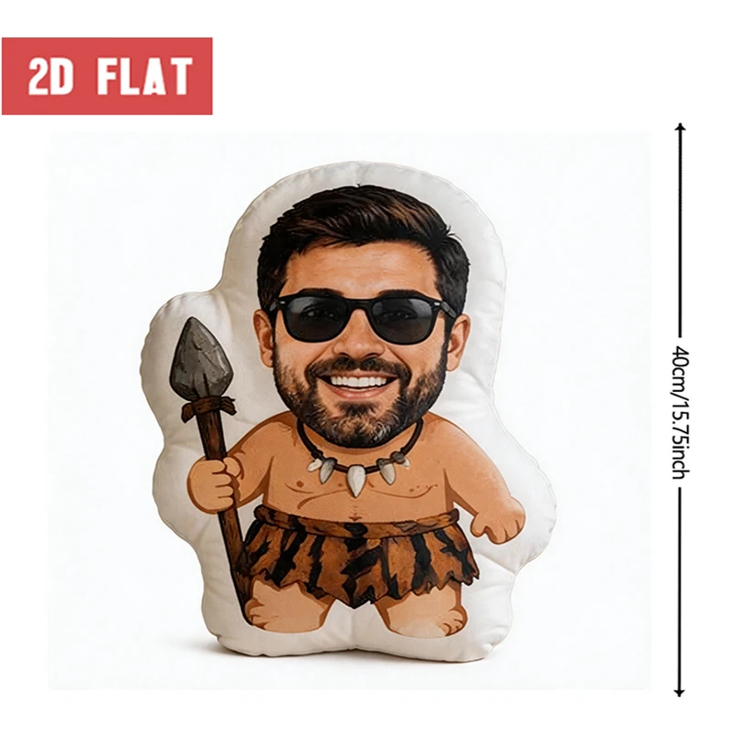 Custom Photo Caveman Shaped Pillow, Funny Bearded for Man with Fashion Glasses & Spear Personalized Decorative Cushion, Unique H