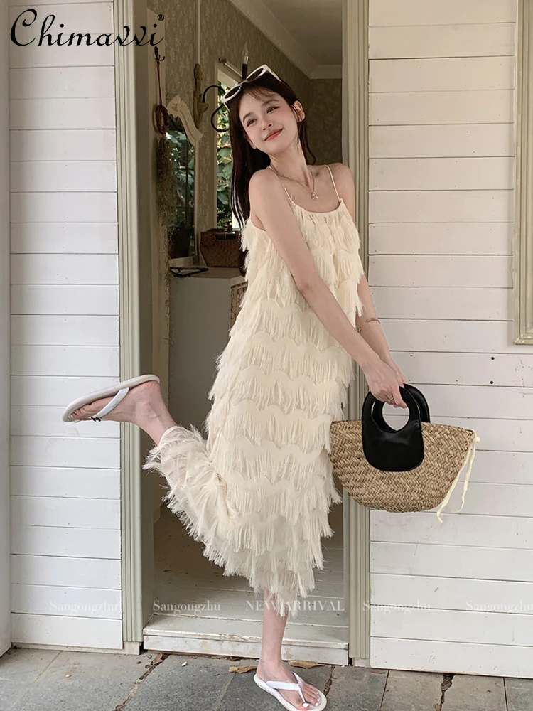 

French Laziness Fairy Style Tassel Sleeveless Slash Neck Sexy Backless Loose Waist Suspender Long Dress Female Summer 2024