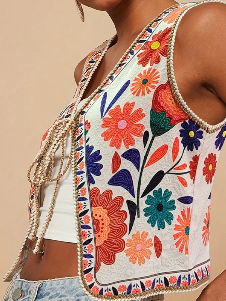Damska kamizelka z nowym czeskim kwiatowym wzorem na lato 2025, letnia, codzienna koszulka bez rękawów, ażurowe kamizelki, szydełkowe plażowe płaszcze i topy na wakacje.