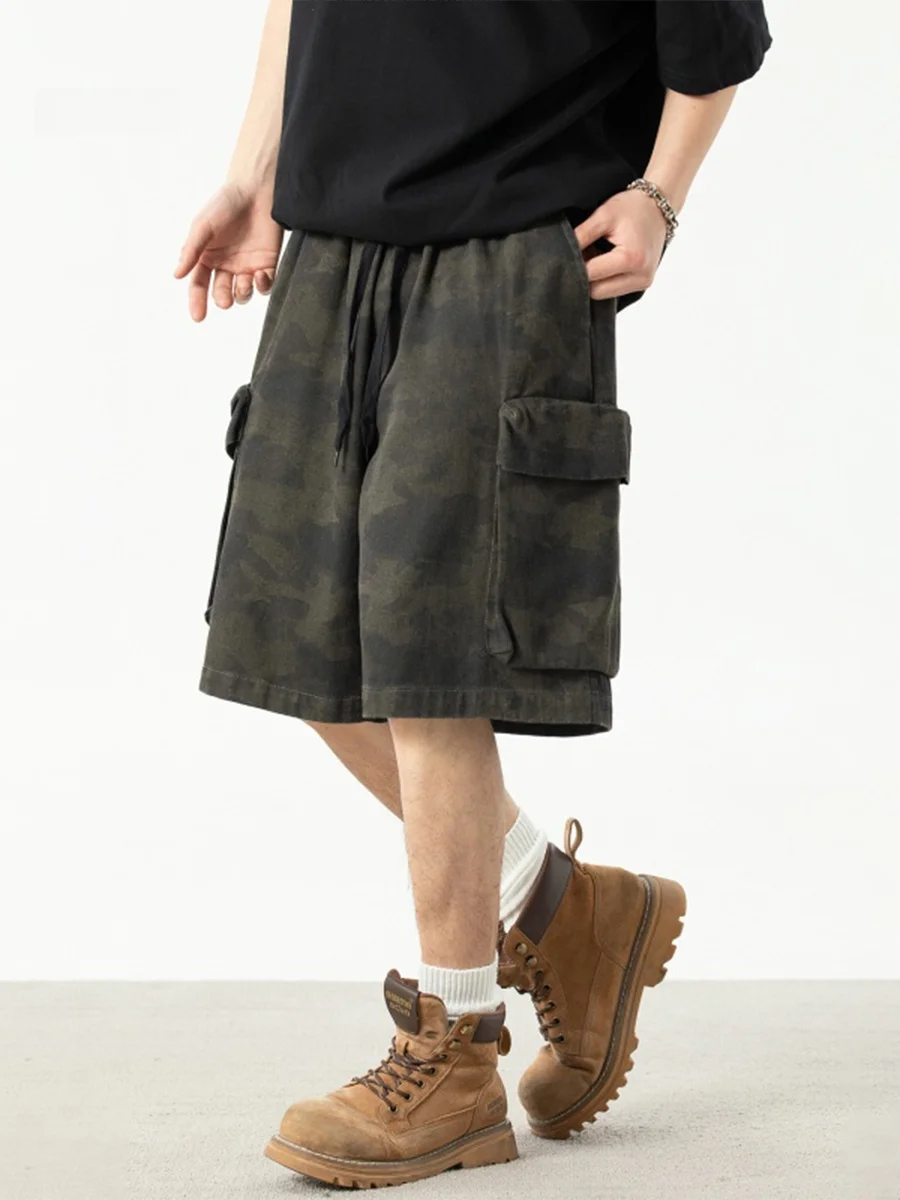 

American Retro Camouflage Workwear orts Men's Trendy Loose ket Casual Loose Japanese Sle Functional Five-Point Pants