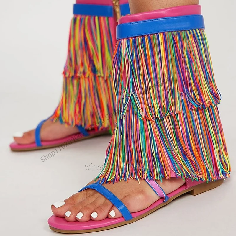 

Colorful Tassels Decor Open Toe Sandals Boots Side Zipper Women Shoes Chunky Heels Novel Fashion Party 2023 Zapatos Para Mujere