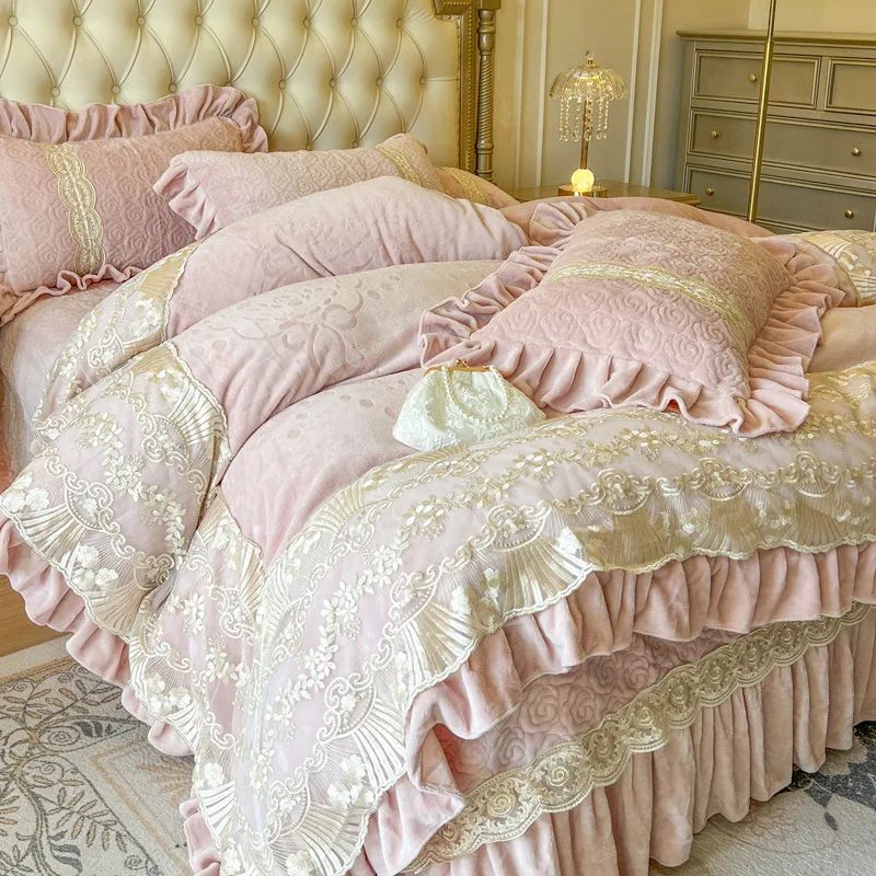 Light Luxury Thickened Bed Cover Carved Milk Fleece Four-piece Warm French Princess Style Lace QuiltCover Pillowcase Bedding Set