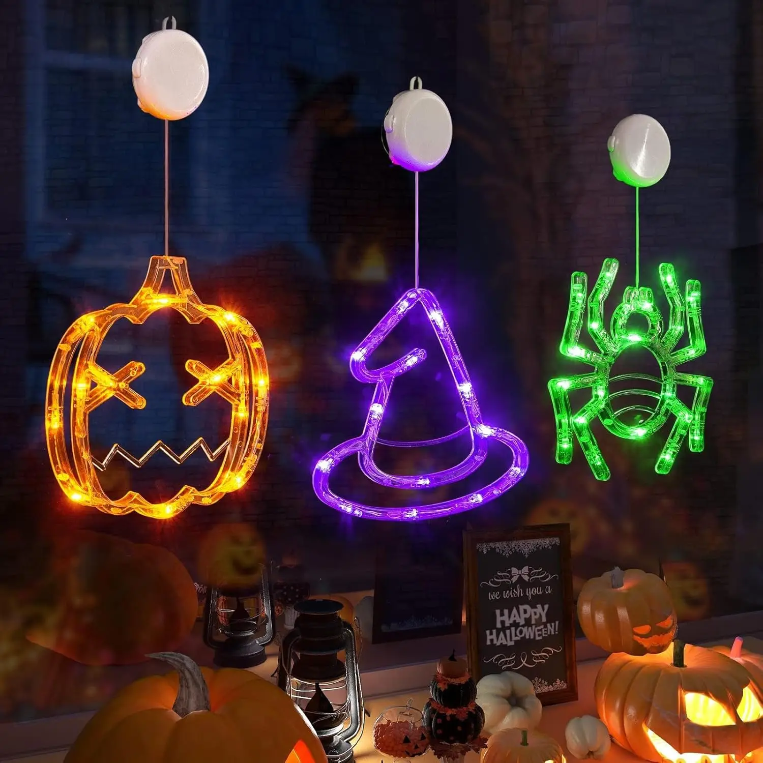 ハロウィン 3 ライト セット: カボチャ、クモ、魔女の帽子。 電池式、吸盤マウント、タイマー。 完璧な窓の装飾。