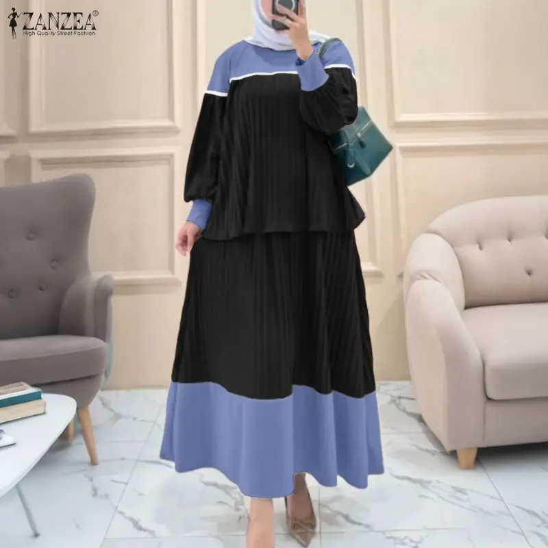 

2026 ZANZEA Ramadan Muslim Sets Women Spring Outfits Fashion Long Sleeve Tops Dress Sets Patchwork 2 Pieces Sets Hijab Tracksuit