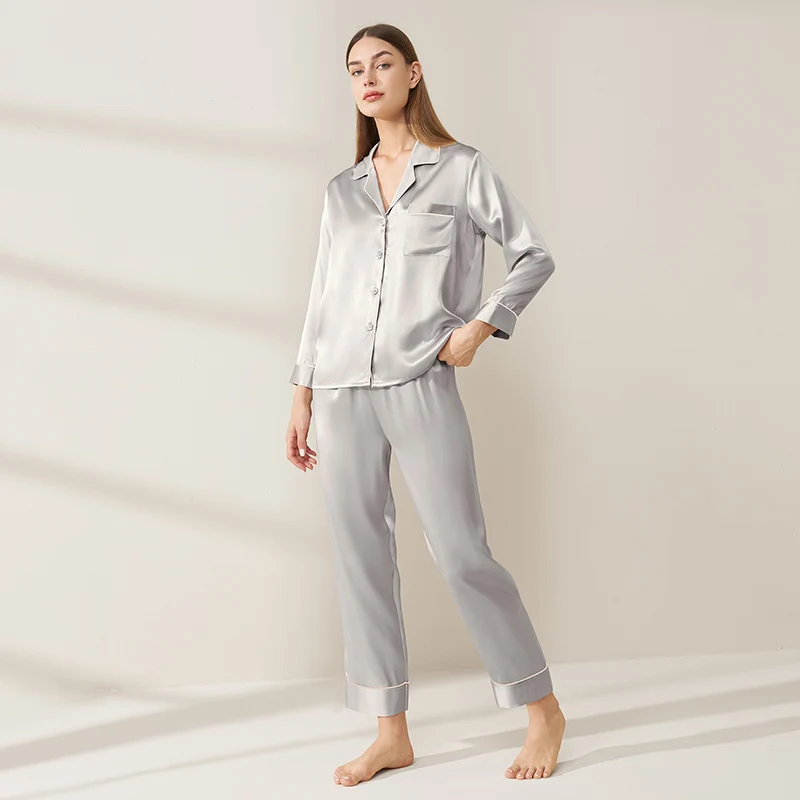 

19MM Real Mulberry Silk Long Sleeve Long Pants Pajamas Set Spring Autumn Lapel Nightwear Solid Color Cardigan Pajama Loungewear