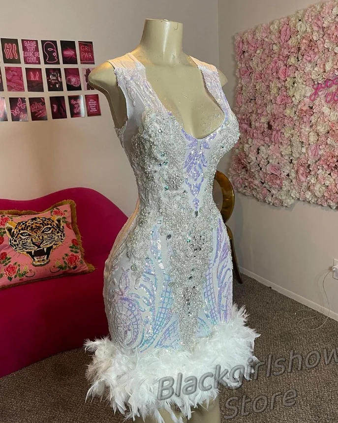 Luxury White Diamante Homecoming Cocktail Dress 2024 For Women Glittering Sexy Dreamy Dazzling Beaded Feather فساتين سهرة