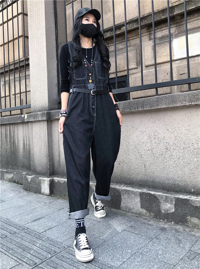 Kombinezon z wysokim stanem, proste nogawki, plus size, luźny krój, koreański styl, wyszczuplający, nowość na jesień.