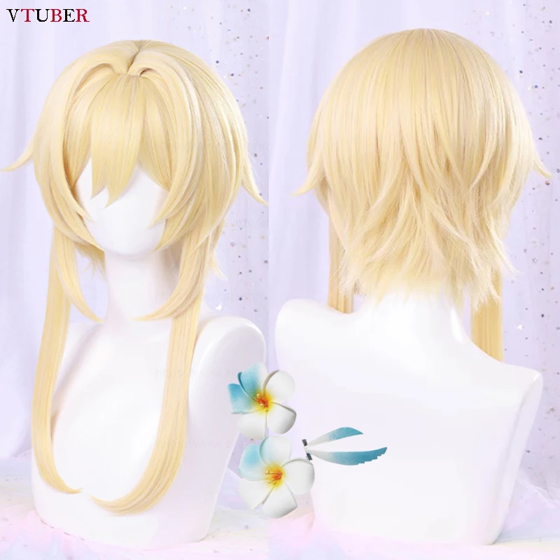 High Quality Traveller Lumine Cosplay Wig Mid Long Blonde Heat Resistant Synthetic Hair Game Anime Genshin Cosplay Wigs + WigCap