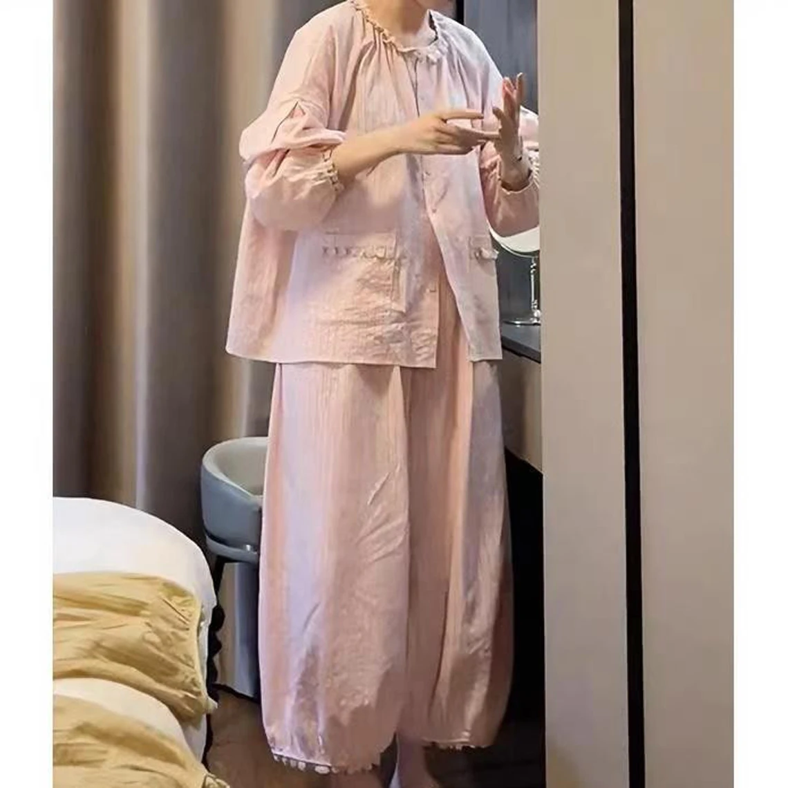 women's-cotton-pajamas-long-sleeve-lantern-pants-set-spring-summer-casual-style-comfortable-soft-cotton-sleepwear-set