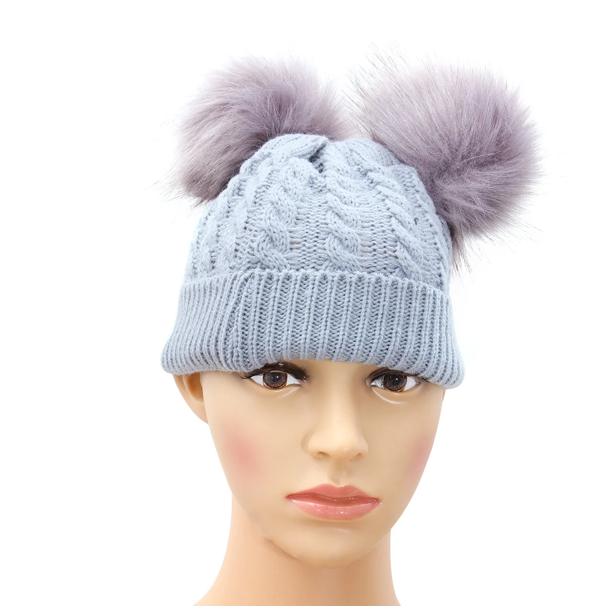 Cappello in maglia intrecciata grigia per bambini Doppio palla di pelo Berretto invernale in maglia calda per bambini Cappello con palla di pelo morbido e confortevole per cappelli a cuffia per bambini